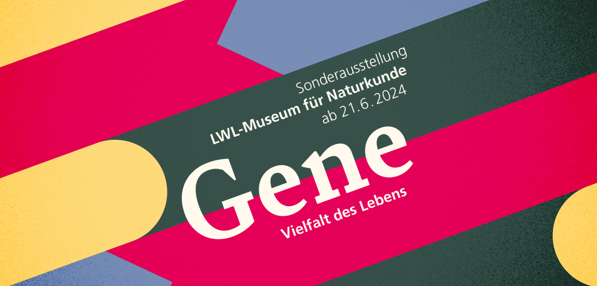 Plakat zur Ausstellung mit bunten Farben und Text: Sonderausstellung, LWL-Museum für Naturkunde, ab 21.06.2024, Gene - Vielfalt des Lebens.
