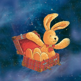 Der Hase Felix sitzend in einem Koffer umgeben von Sternen.