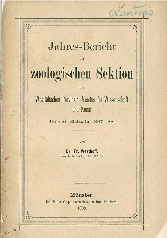 Titelseite des Jahresberichtes der zoologischen Sektion des Westfälische Provinzial-Verein für Wissenschaft und Kunst.