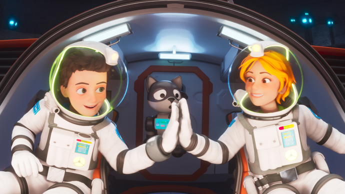 Ein Astronaut und eine Astronautin geben sich ein Highfive im Cockpit.