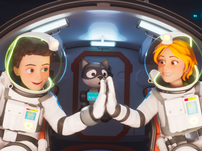 Ein Junge und ein Mädchen in Raumfahranzügen geben sich ein Highfive. (vergrößerte Bildansicht wird geöffnet)