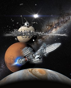 Ein Raumschiff fliegt durch das Weltall. Im Hintergrund sind mehrere Planeten zu sehen. Ein Raumschiff fliegt durch das Weltall. Im Hintergrund sind mehrere Planeten zu sehen.