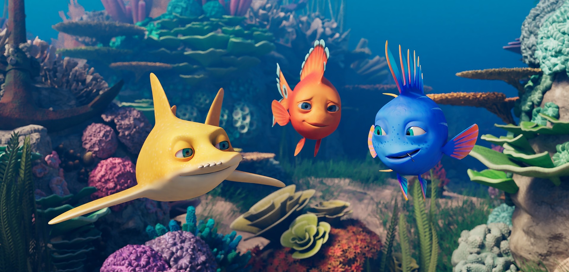 Drei animierte Fische brechen zu einem gemeinsamen Abenteuer im Zauberriff auf.