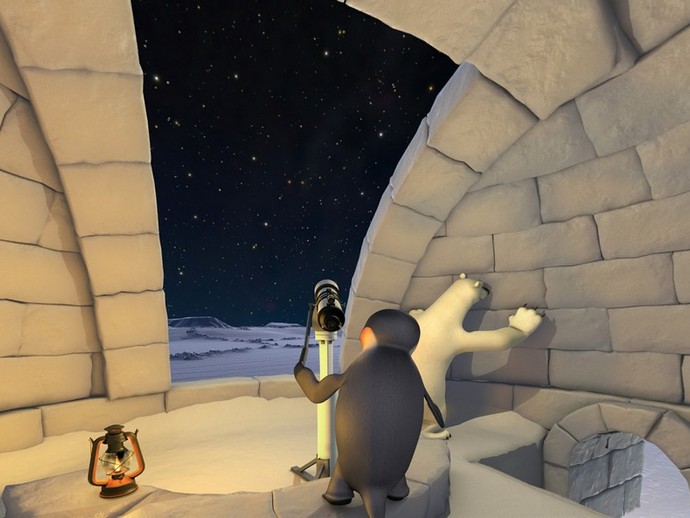Ein Pinguin und ein Eisbär schauen aus einem Iglo heraus mit einem Teleskop in die Sterne. (vergrößerte Bildansicht wird geöffnet)