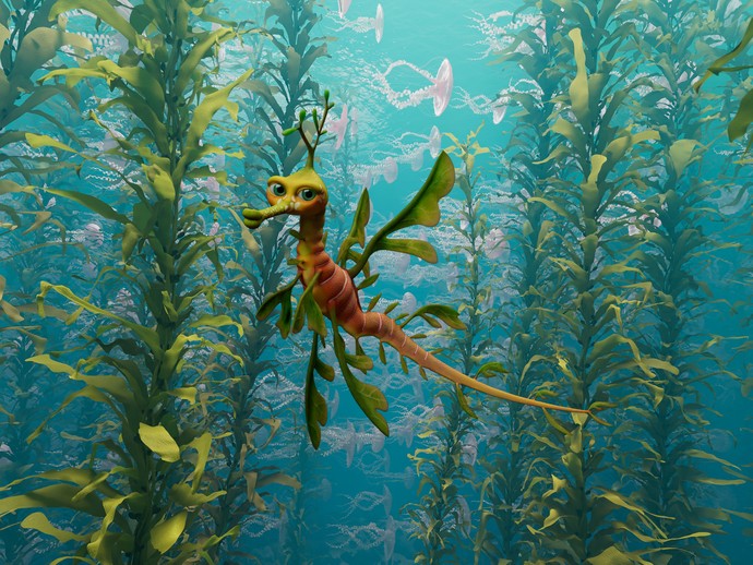 Unterwasserwelt mit einem animierten Seepferdchen. (vergrößerte Bildansicht wird geöffnet)